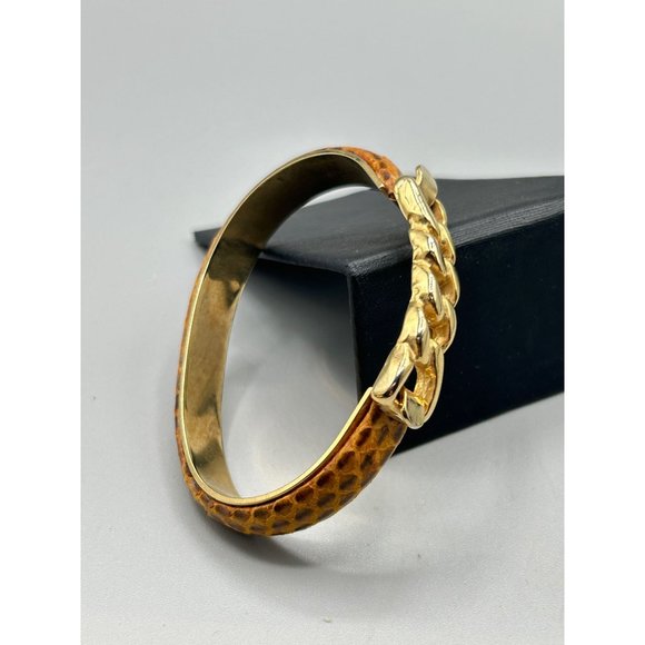 Vtg 80s 90s Snakeskin Bracelet Hinged Bangle Tan Color with Gold Plated Chain - Picture 6 of 8